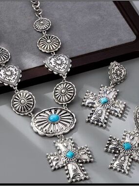 Southwestern Silver Cross Necklace & Earrings Set -Concho style with Turquoise